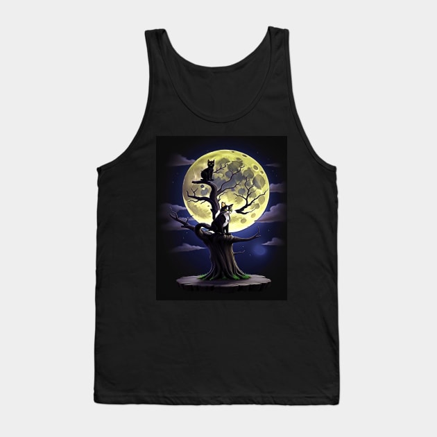 Vintage Black Cat On Scary Tree In Front of the Full Moon Halloween Tank Top by masterpiecesai